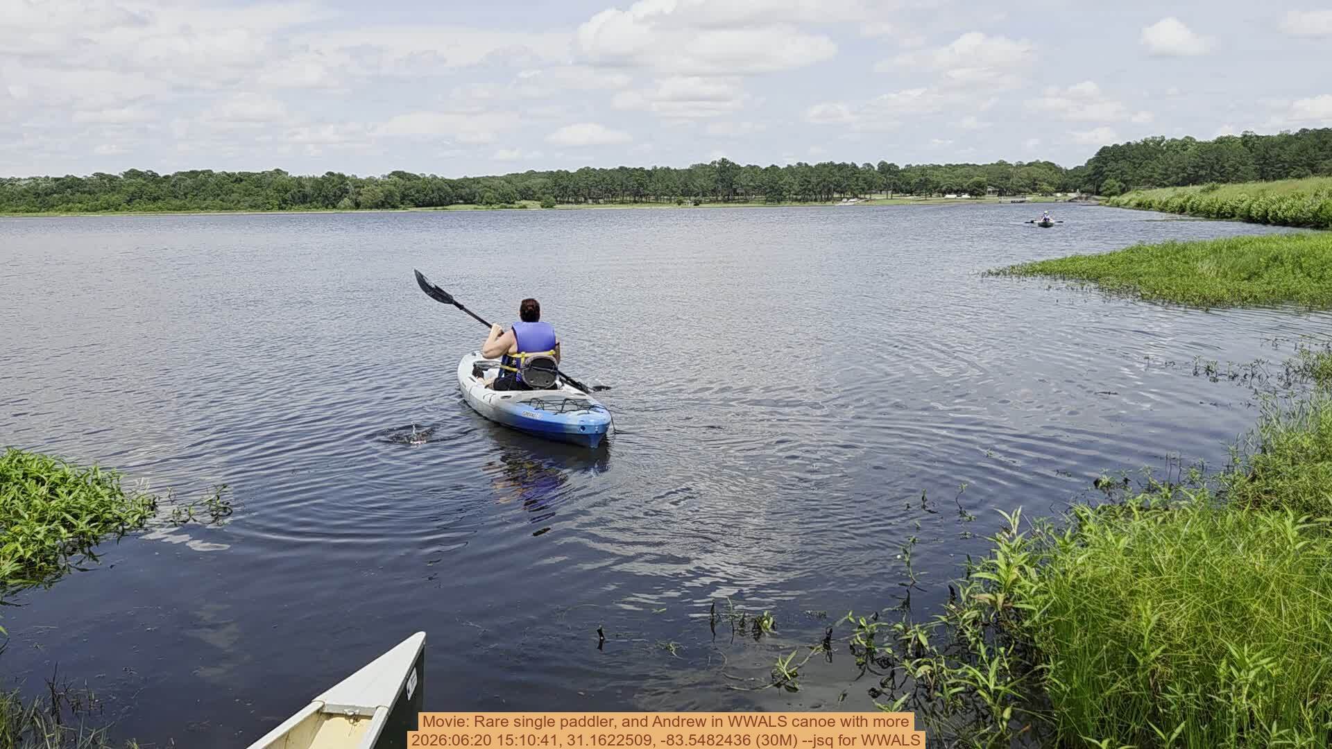 Movie: Rare single paddler, and Andrew in WWALS canoe with more, 2026:06:20 15:10:41, 31.1622509, -83.5482436 (30M) --jsq for WWALS