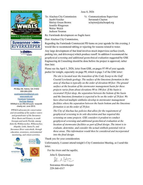 [To Alachua City about Farmlands rezoning, 2026-06-08 --WWALS]