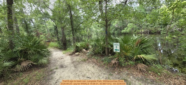Trail B sign to trash can, Langdale Park, Withlacoochee River, 2026:06:25 --jsq for WWALS 14:08:31, 30.8871312, -83.3236339