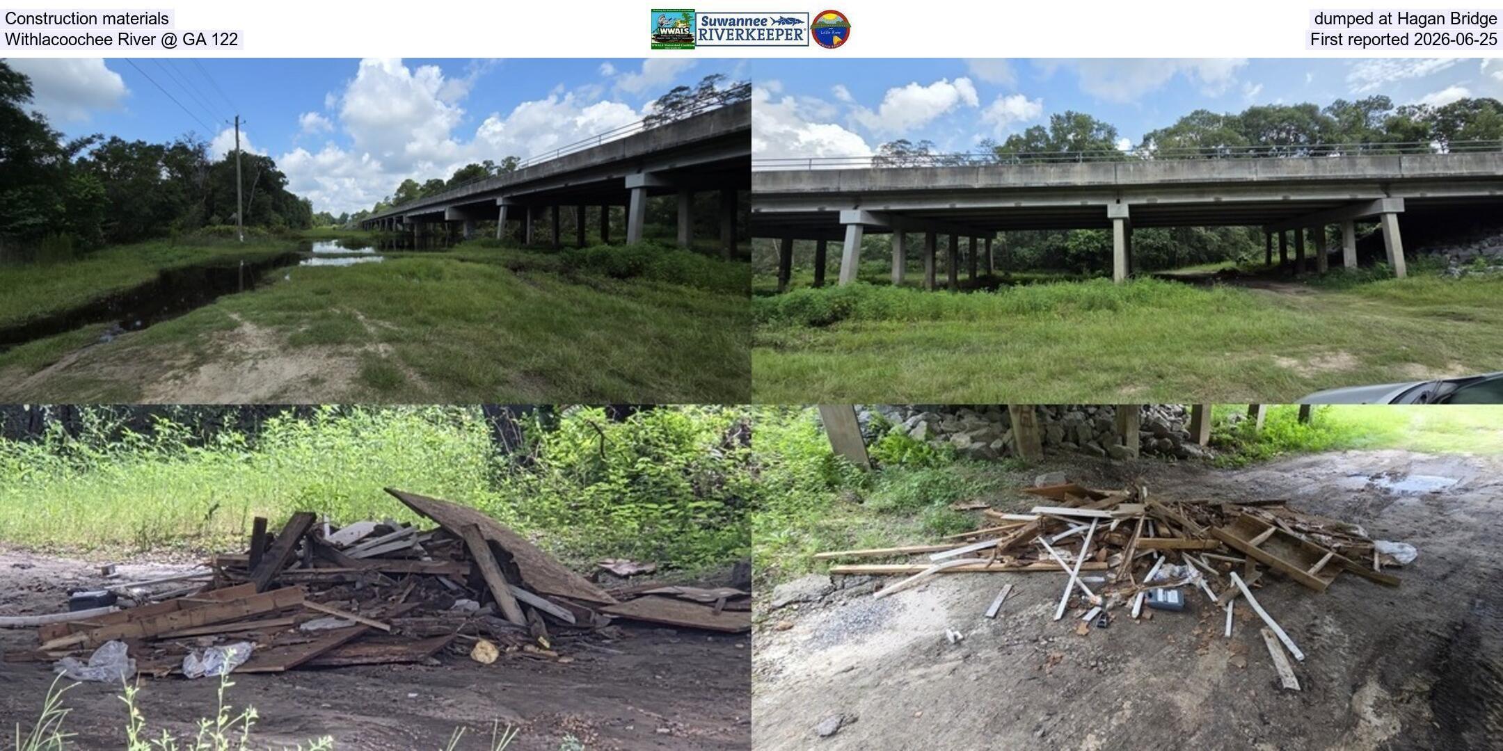 Construction materials dumped at Hagan Bridge, Withlacoochee River @ GA 122, First reported 2026-06-25