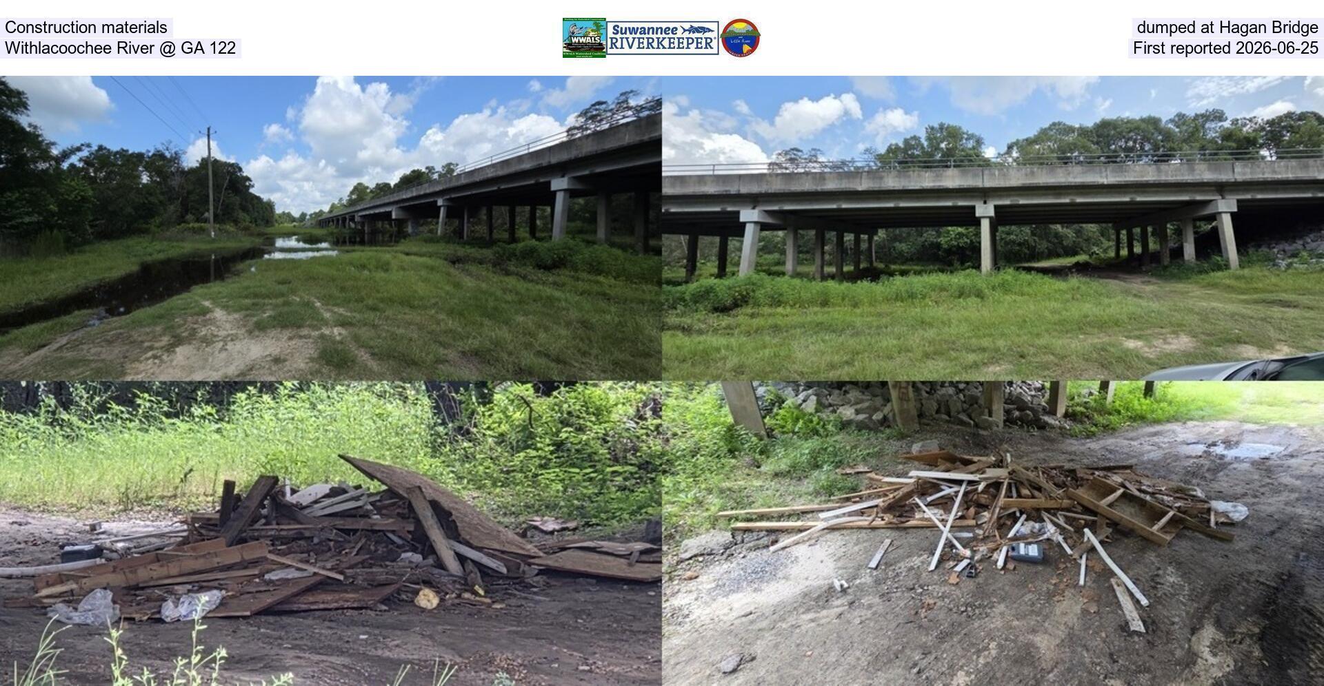 Construction materials dumped at Hagan Bridge, Withlacoochee River @ GA 122, First reported 2026-06-25