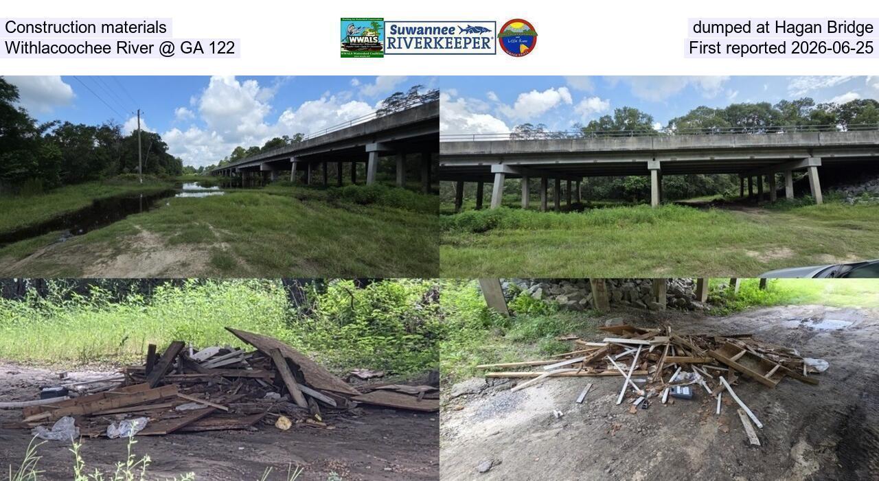 Construction materials dumped at Hagan Bridge, Withlacoochee River @ GA 122, First reported 2026-06-25
