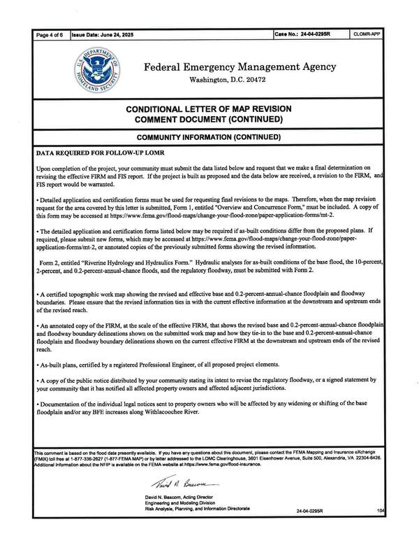 + A copy of the public notice distributed by your community stating its intent to revise the regulatory floodway, or a signed statement by