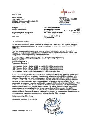 [B+T Group is pleased to submit this Fall Certification Letter for the 155&lsquo; Monopole to be constructed at the Bermuda (US-GA 5831) site.]