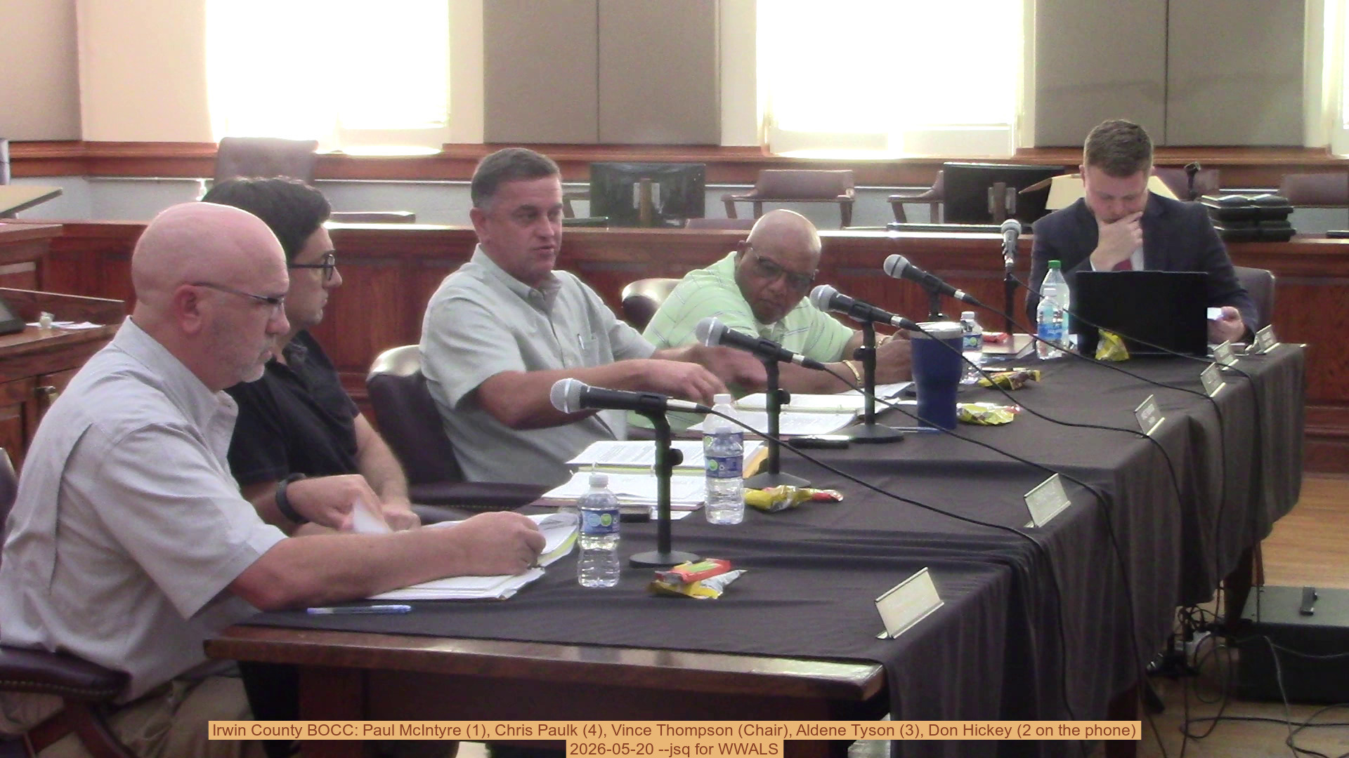 Irwin County BOCC: Paul McIntyre (1), Chris Paulk (4), Vince Thompson (Chair), Aldene Tyson (3), Don Hickey (2 on the phone), 2026-05-20 --jsq for WWALS