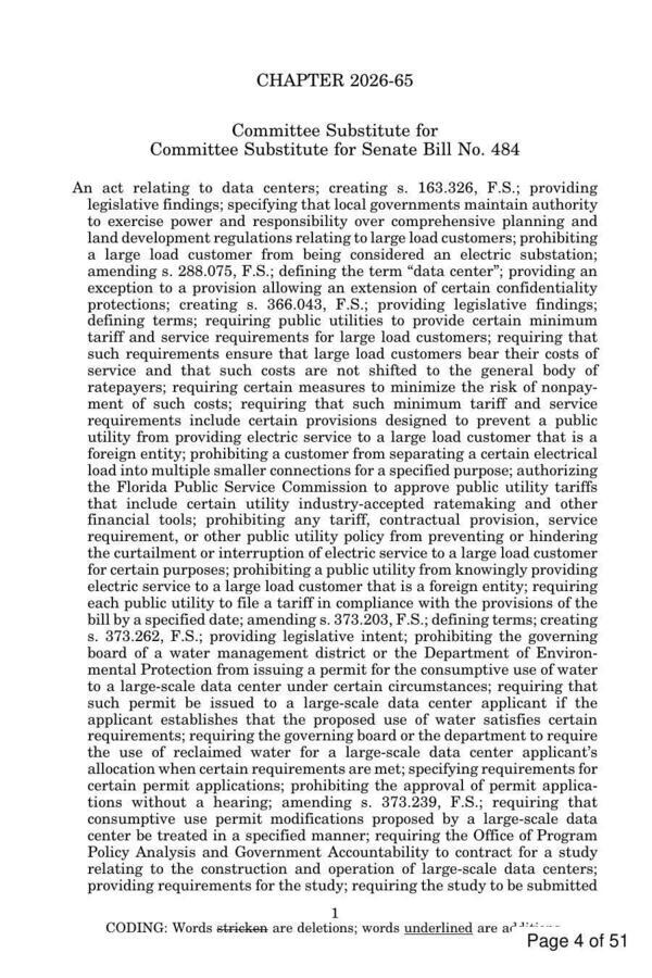 [CHAPTER 2026-65 Committee Substitute for Senate Bill No. 484 An act relating to data centers; creating s. 163.326, F.S.; providing...]