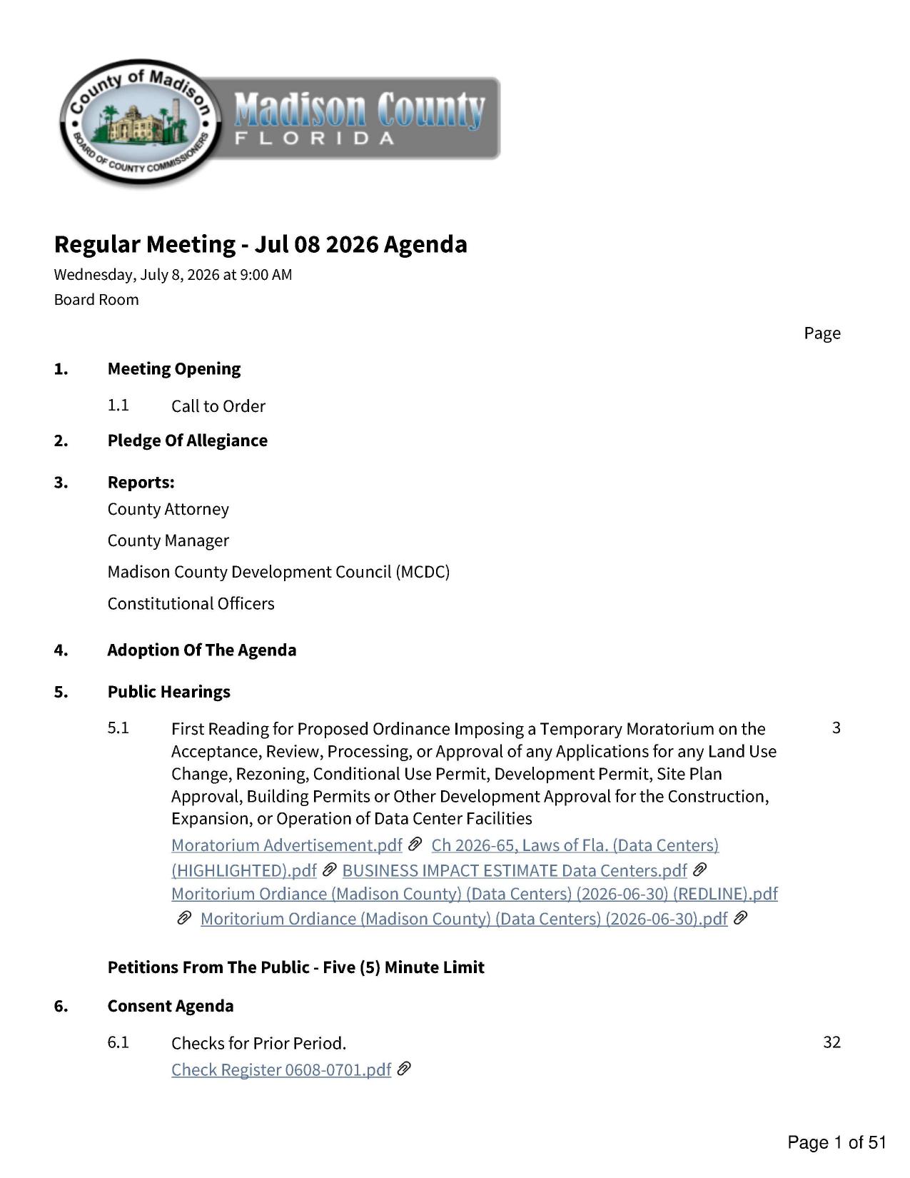 5.1 First Reading for Proposed Ordinance Imposing a Temporary Moratorium on the Acceptance, Review, Processing, or Approval of any Applications for any Land Use Change, Rezoning, Conditional Use Permit, Development Permit, Site Plan Approval, Building Permits or Other Development Approval for the Construction, Expansion, or Operation of Data Center Facilities