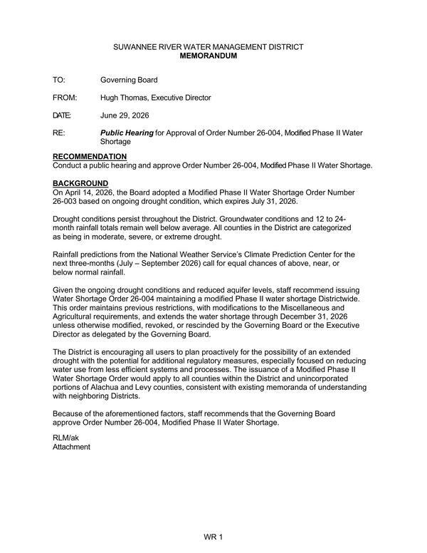 [Public Hearing for Approval of Order Number 26-004, Modified Phase II Water Shortage, 2026-07-14 --SRWMD Board]
