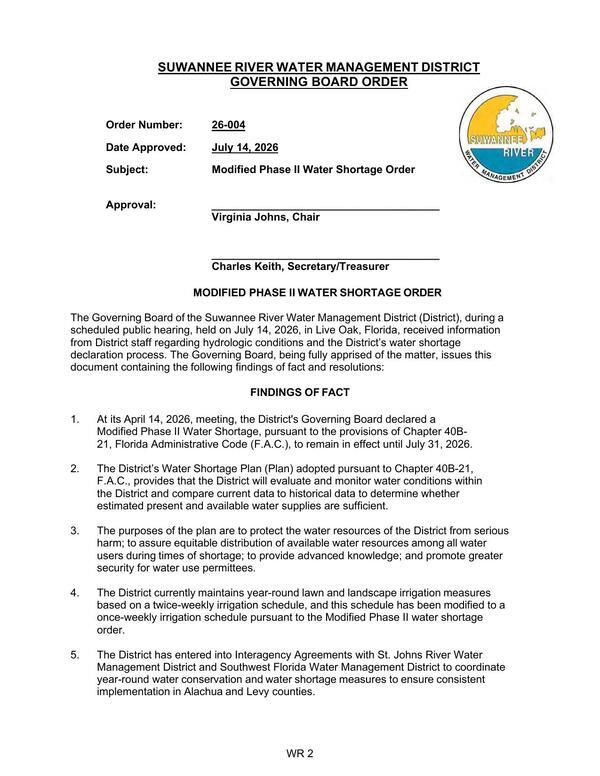Governing Board Order 26-004, 2026-07-14 --SRWMD Board