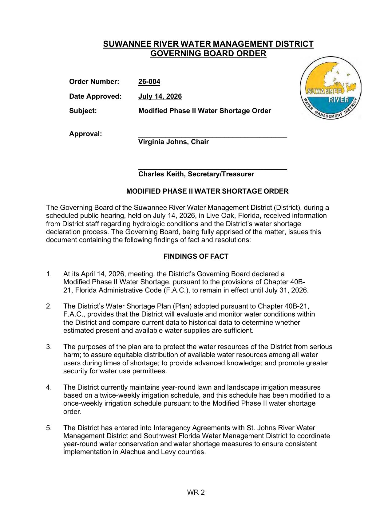 Governing Board Order 26-004, 2026-07-14 --SRWMD Board