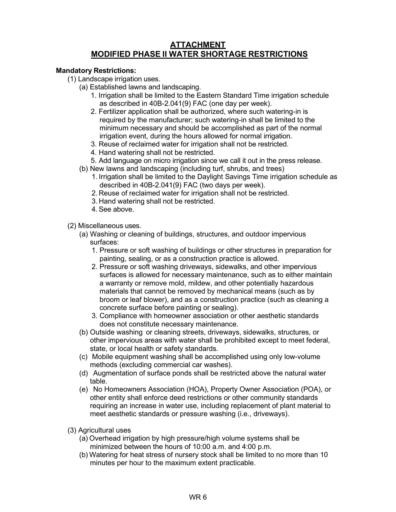 ATTACHMENT: MODIFIED PHASE II WATER SHORTAGE RESTRICTIONS, 2026-07-14 --SRWMD Board