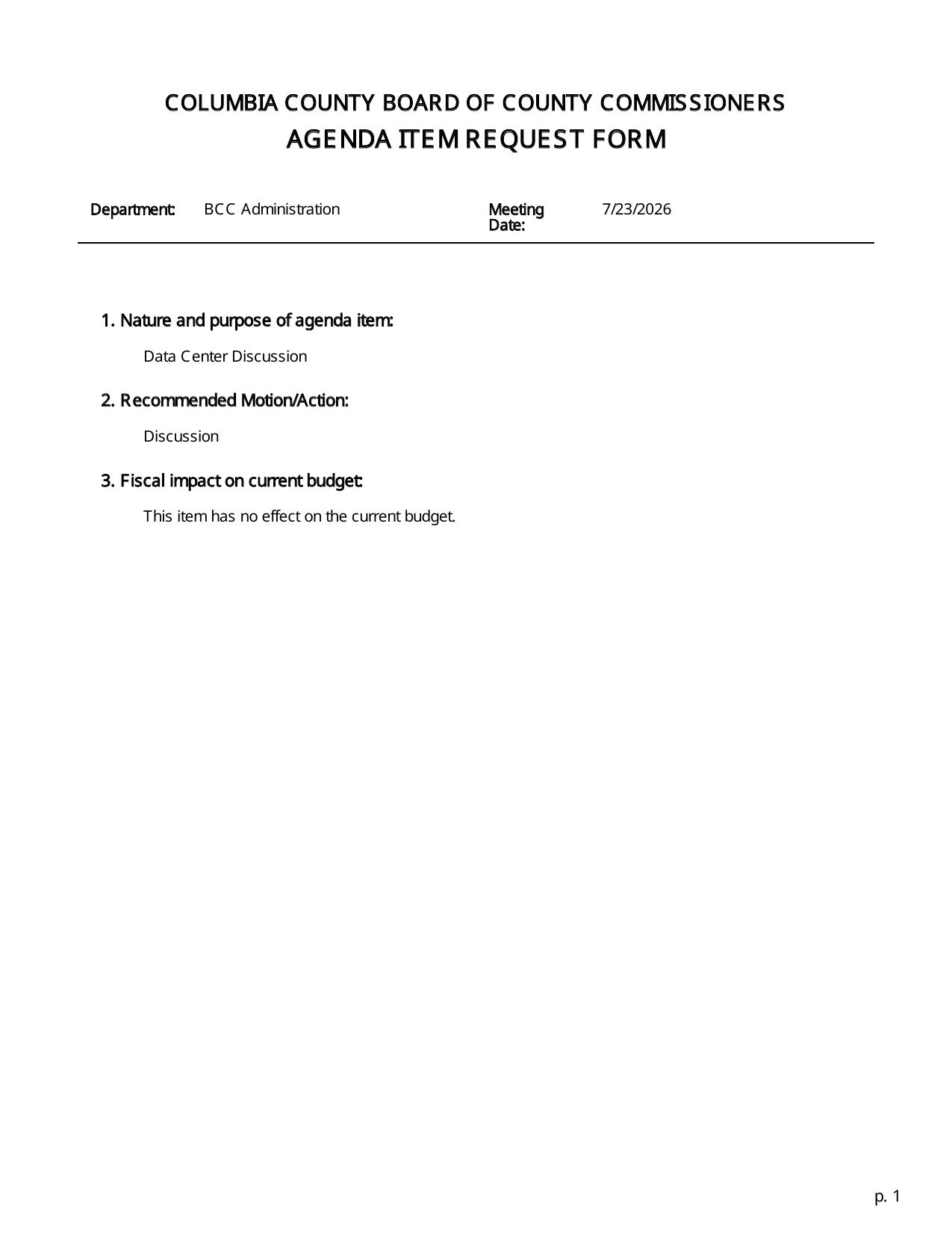 AGENDA ITEM REQUEST FORM: Data Center Discussion