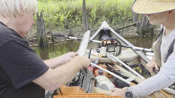 Movie: Chainsaw repair on the water, 2026:07:26 10:53:08, 30.8813364, -83.3253915 (33M) --jsq for WWALS