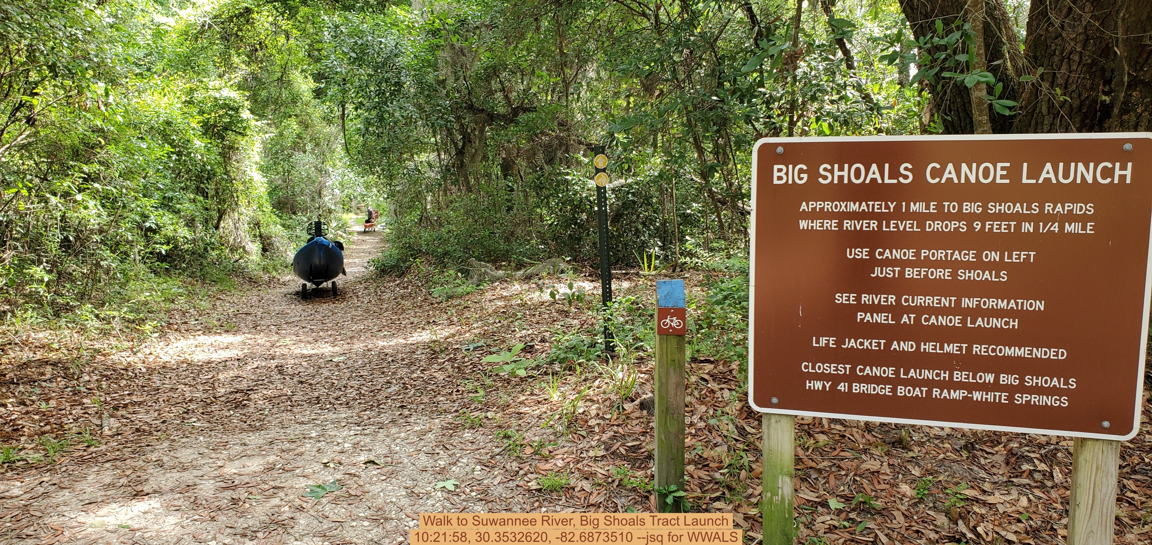 Walk to Suwannee River, Big Shoals Tract Launch 10:21:58, 30.3532620, -82.6873510 --jsq for WWALS