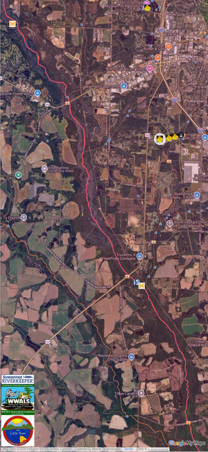 [Map: Willow Creek to Tanzer Creeek to Little River, 1103 Golden Road West, Tifton GA, Sewage Spill 2026-08-07 --WLRWT]