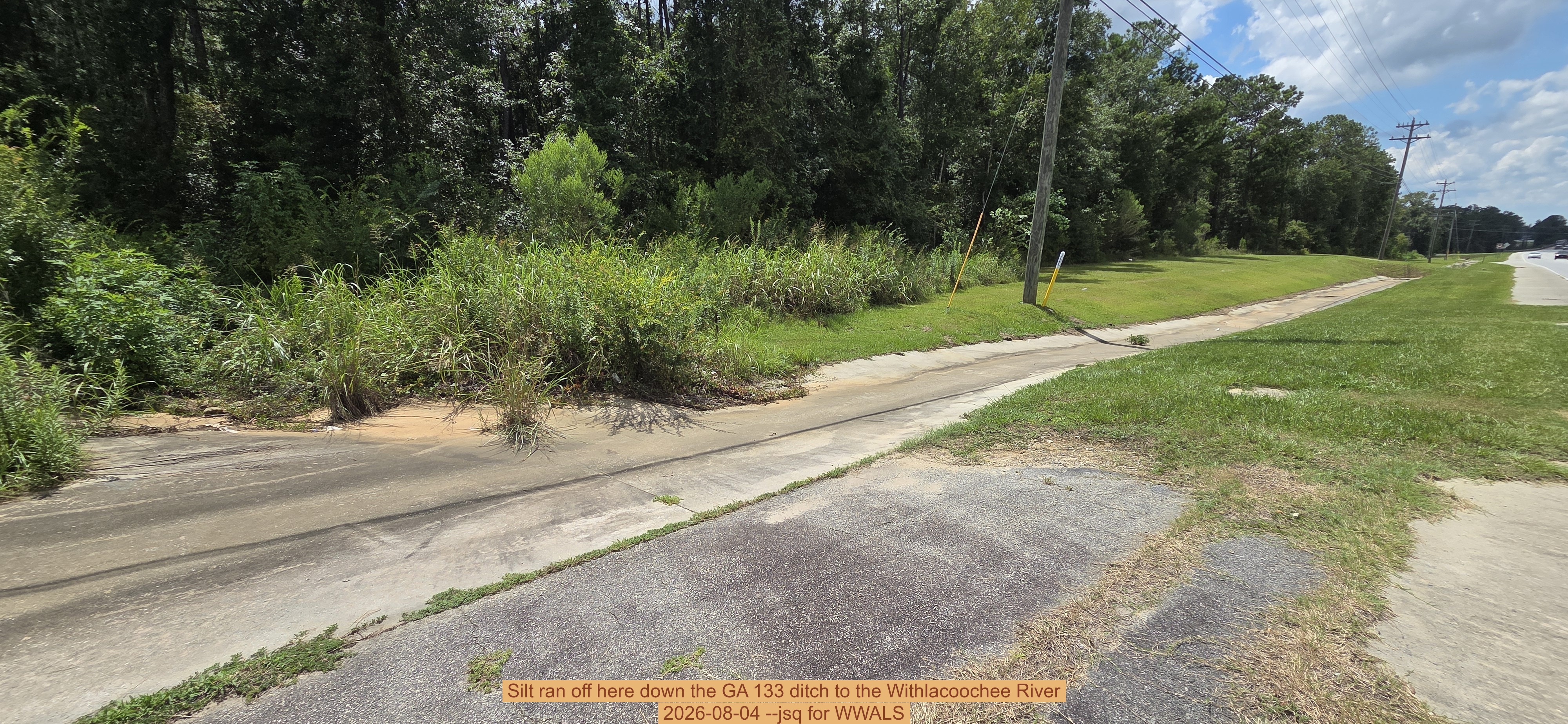 Silt ran off here down the GA 133 ditch to the Withlacoochee River, 2026-08-04 --jsq for WWALS
