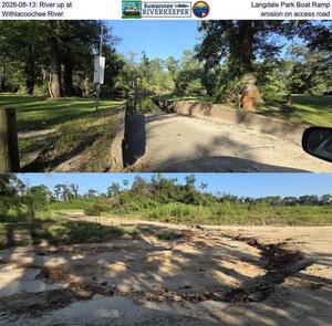 [2026-08-13: River up at Langdale Park Boat Ramp, Withlacoochee River, erosion on access road]