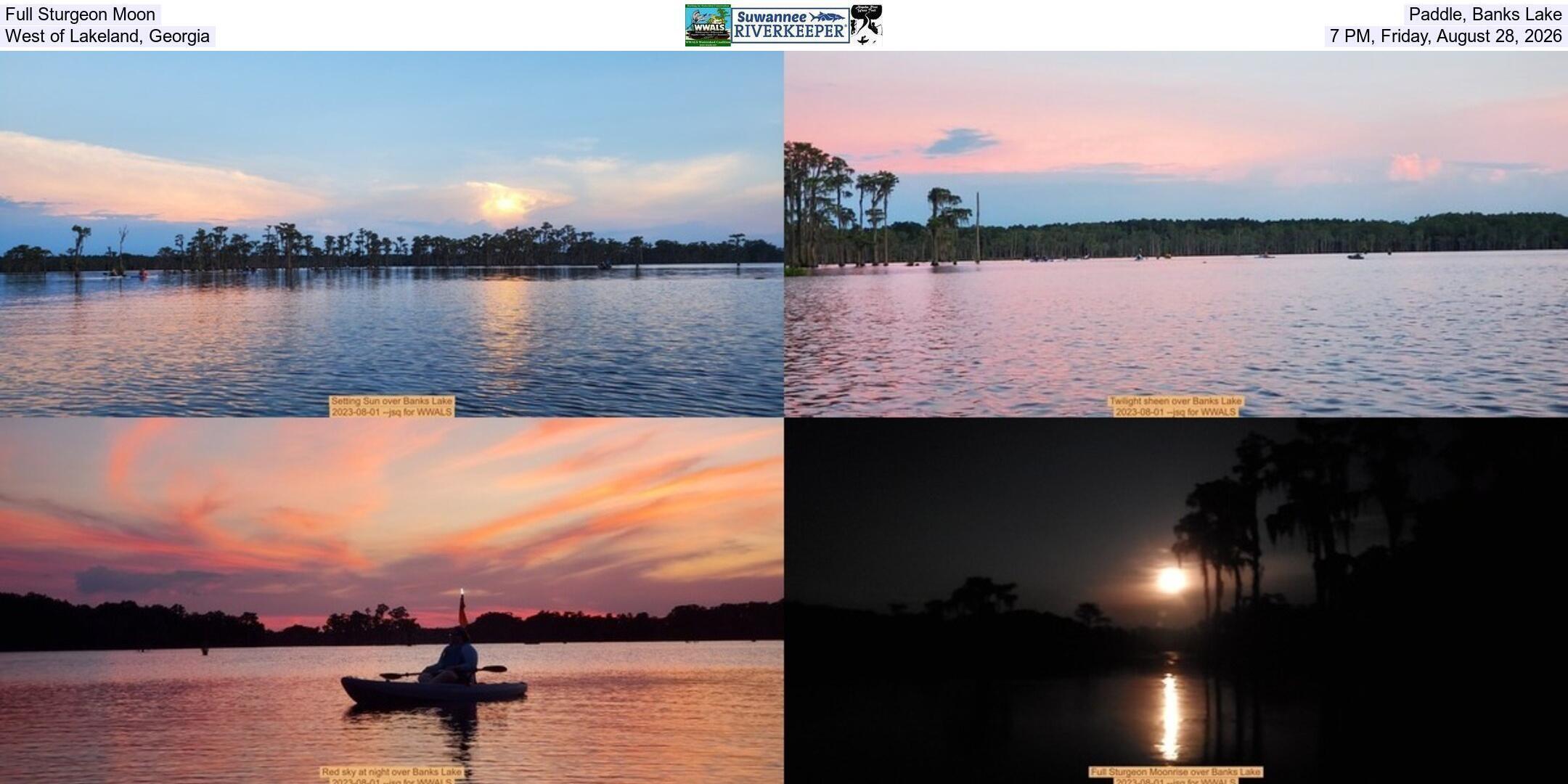 Full Sturgeon Moon Paddle, Banks Lake, West of Lakeland, Georgia, 7 PM, Friday, August 28, 2026