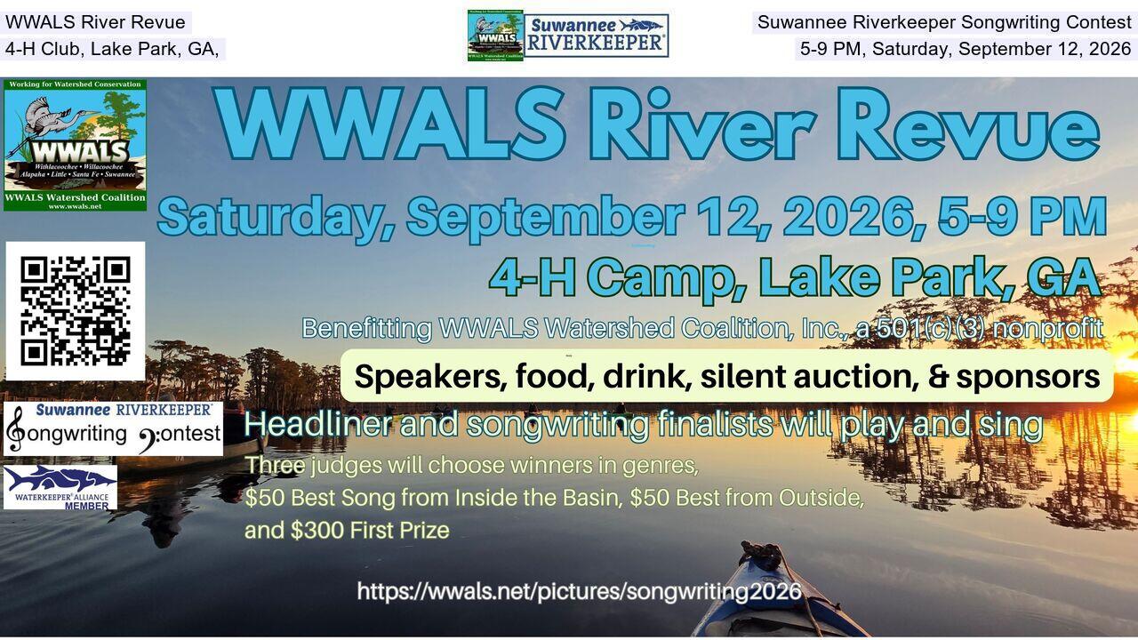 WWALS River Revue, Suwannee Riverkeeper Songwriting Contest, 4-H Club, Lake Park, GA, 5-9 PM, Saturday, September 12, 2026
