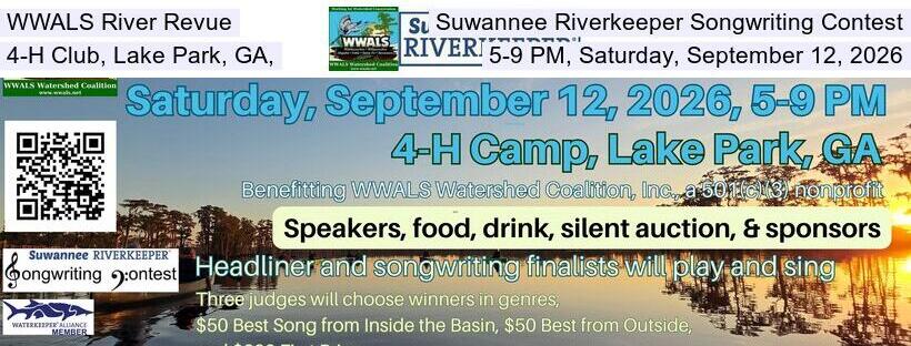 WWALS River Revue, Suwannee Riverkeeper Songwriting Contest, 4-H Club, Lake Park, GA, 5-9 PM, Saturday, September 12, 2026