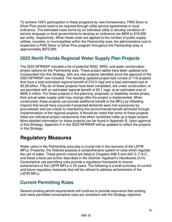 2023 North Florida Regional Water Supply Plan Projects; Regulatory Measures