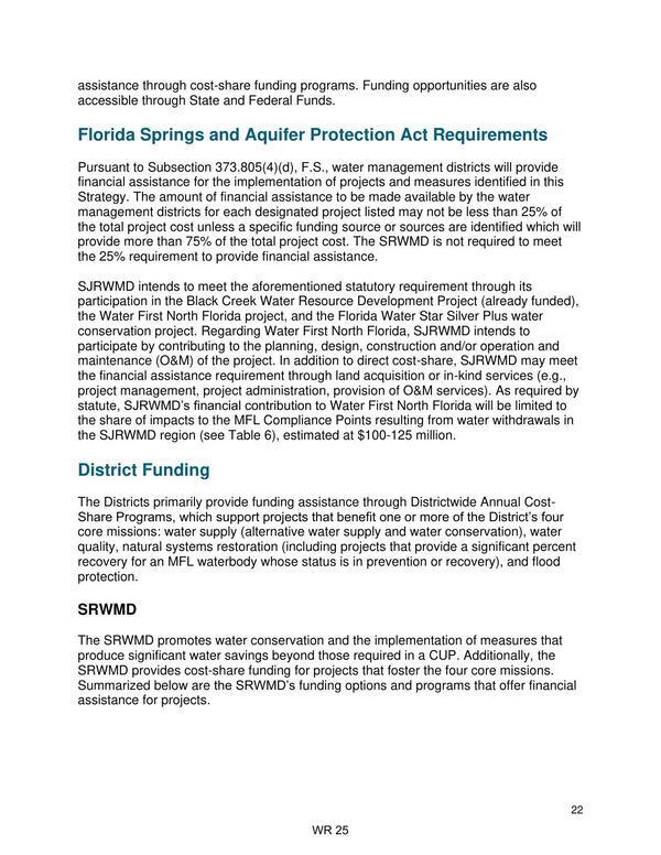 Florida Springs and Aquifer Protection Act Requirements; District Funding; SRWMD
