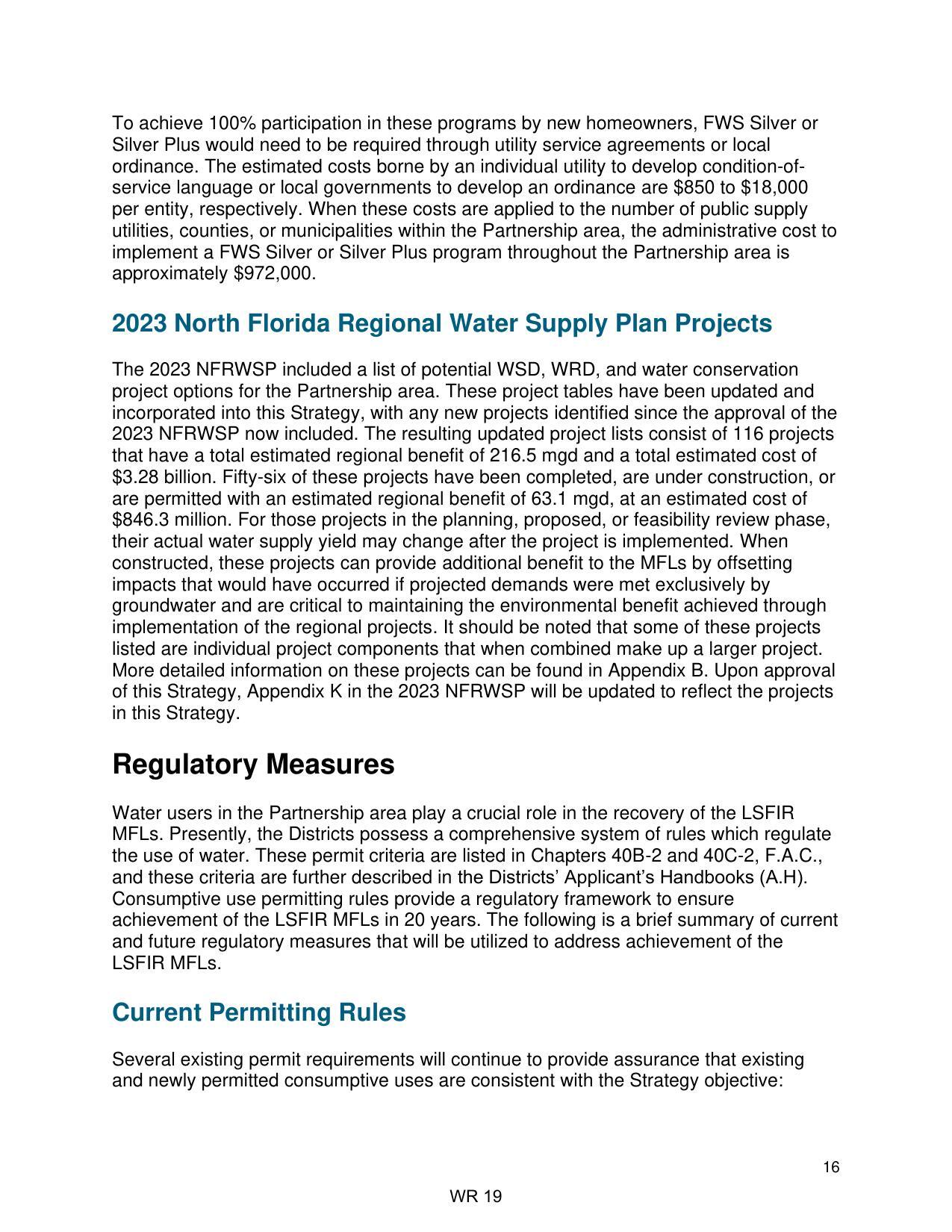 2023 North Florida Regional Water Supply Plan Projects; Regulatory Measures