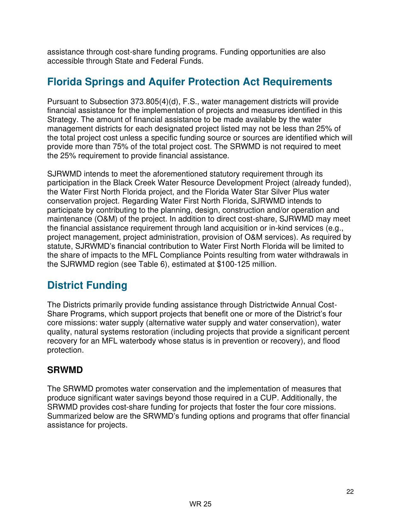 Florida Springs and Aquifer Protection Act Requirements; District Funding; SRWMD