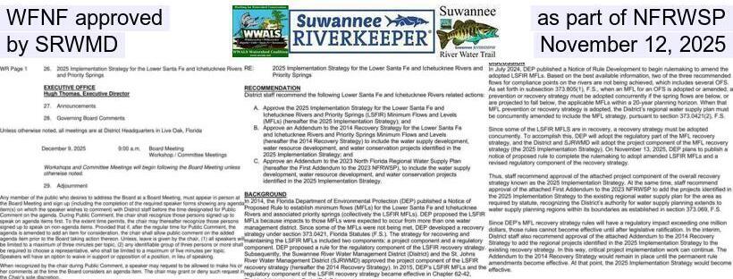 WFNF approved as part of NFRWSP by SRWMD, November 12, 2025