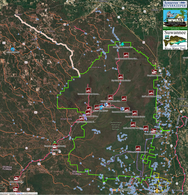 [Map: Okefenokee NWR, 2026-02-12 --WWALS Suwannee River Water Trail]