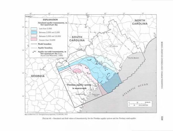 [Figure 45. Simulated and field values of transmissivity for the Florida aquifer system and the Tertiary sand aquifer., 1996-01-01, --Walter R. Aucott, USGS PROFESSIONAL PAPER 1410-E]