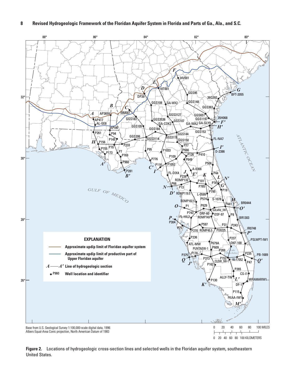 Figure 2. Locations hydrogeologic cross-section lines and in the Floridan aquifer system, southeastern United States.