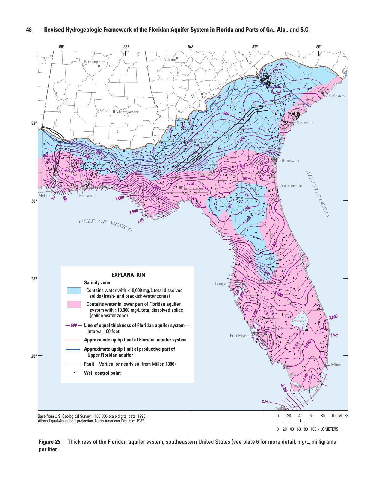 Figure 25. Thickness of the Floridan aquifer system, southeastern United States (see plate 6 for more detail; mg/L, milligrams per liter).