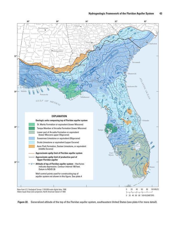 Figure 22. Generalized altitude of the top of the Floridan aquifer system, southeastern United States (see plate 4 for more detail).