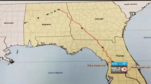 Route-map, in Environmentalist raise awareness about Sabal Trail Pipeline, by Ashlyn Becton, 16 November 2016, WALB at the Withlacoochee River US 84 bridge