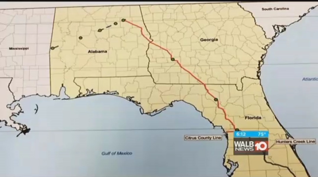 Route-map, in Environmentalist raise awareness about Sabal Trail Pipeline, by Ashlyn Becton, 16 November 2016, WALB at the Withlacoochee River US 84 bridge