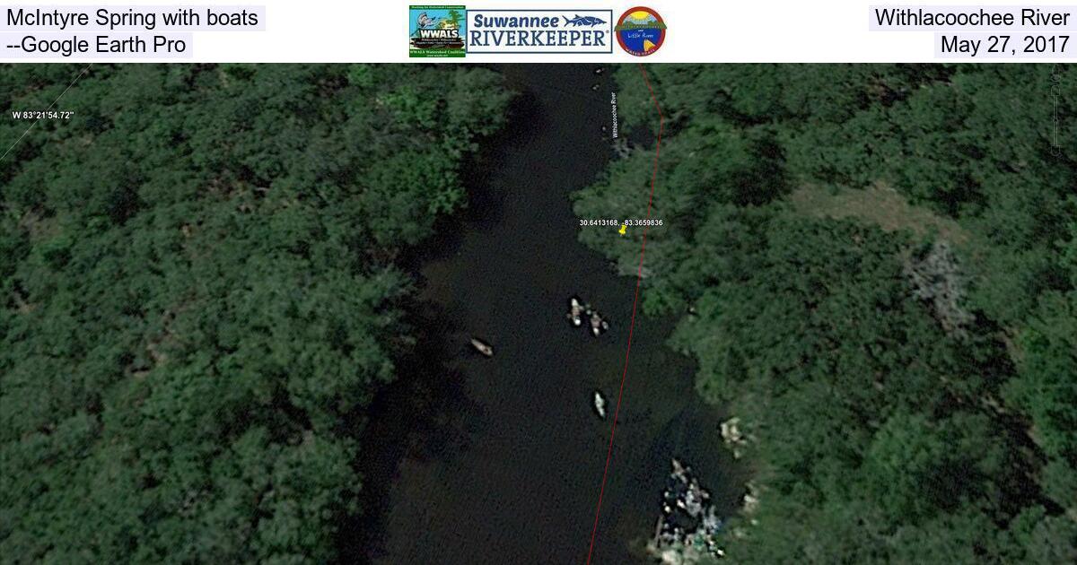 [McIntyre Spring with boats, Withlacoochee River --Google Earth Pro, May 27, 2017]