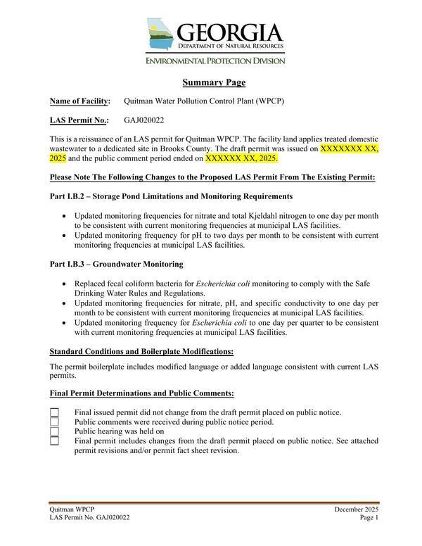 [Summary Page, Quitman Water Pollution Control Plant GAJ020022]
