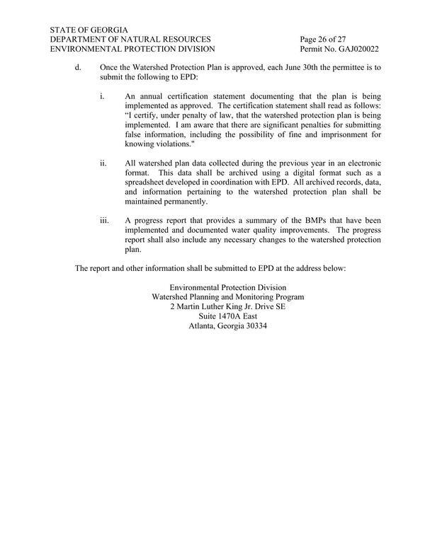 [C.2.d. Once the Watershed Protection Plan is approved, each June 30th the permittee is to submit the following to EPD:]