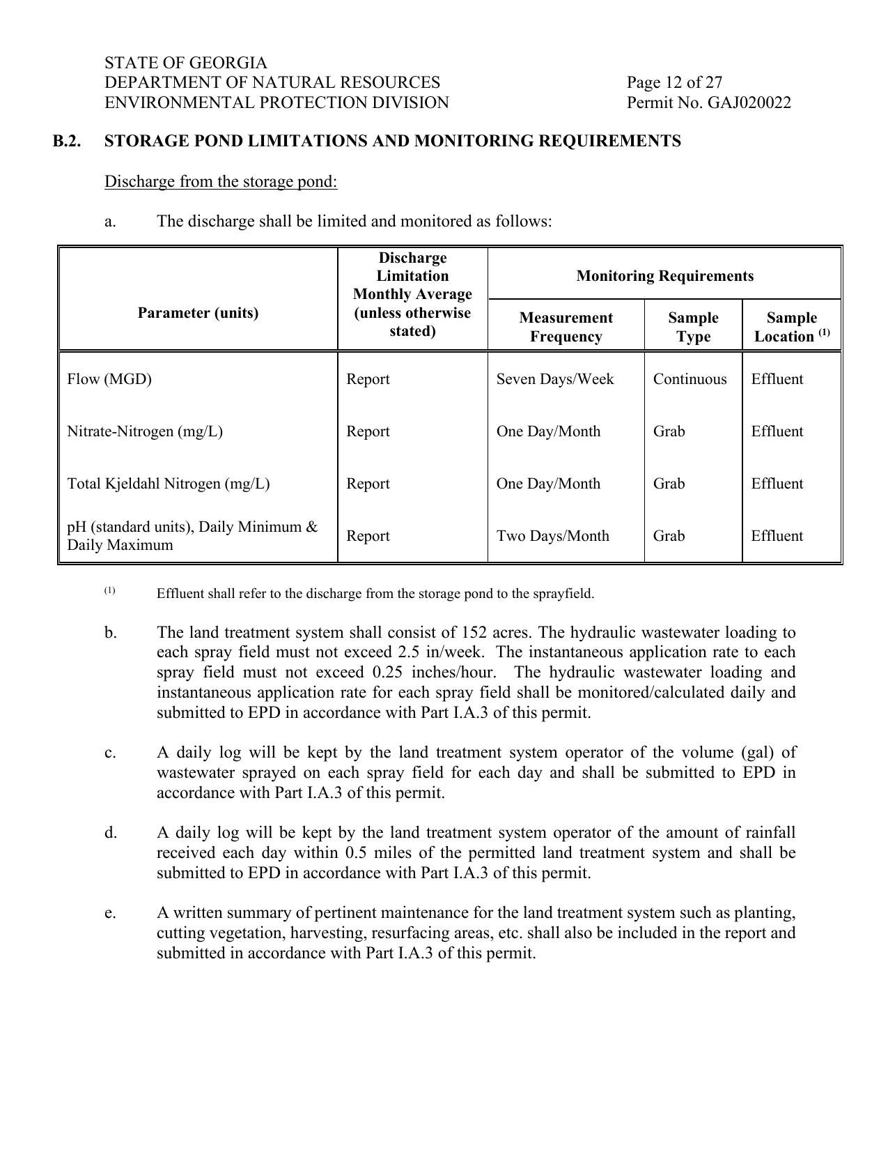 B.2. STORAGE POND LIMITATIONS AND MONITORING REQUIREMENTS