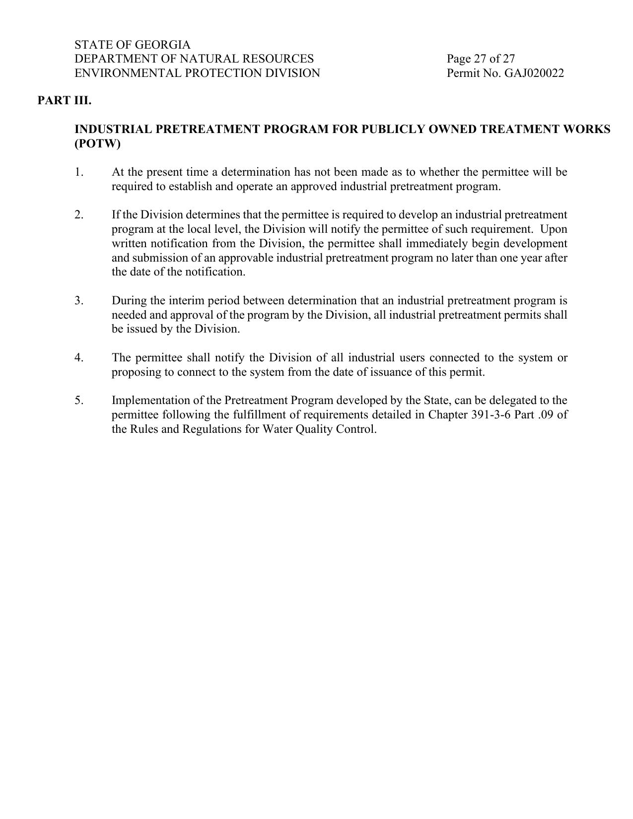 Part III. INDUSTRIAL PRETREATMENT PROGRAM FOR PUBLICLY OWNED TREATMENT WORKS (POTW)