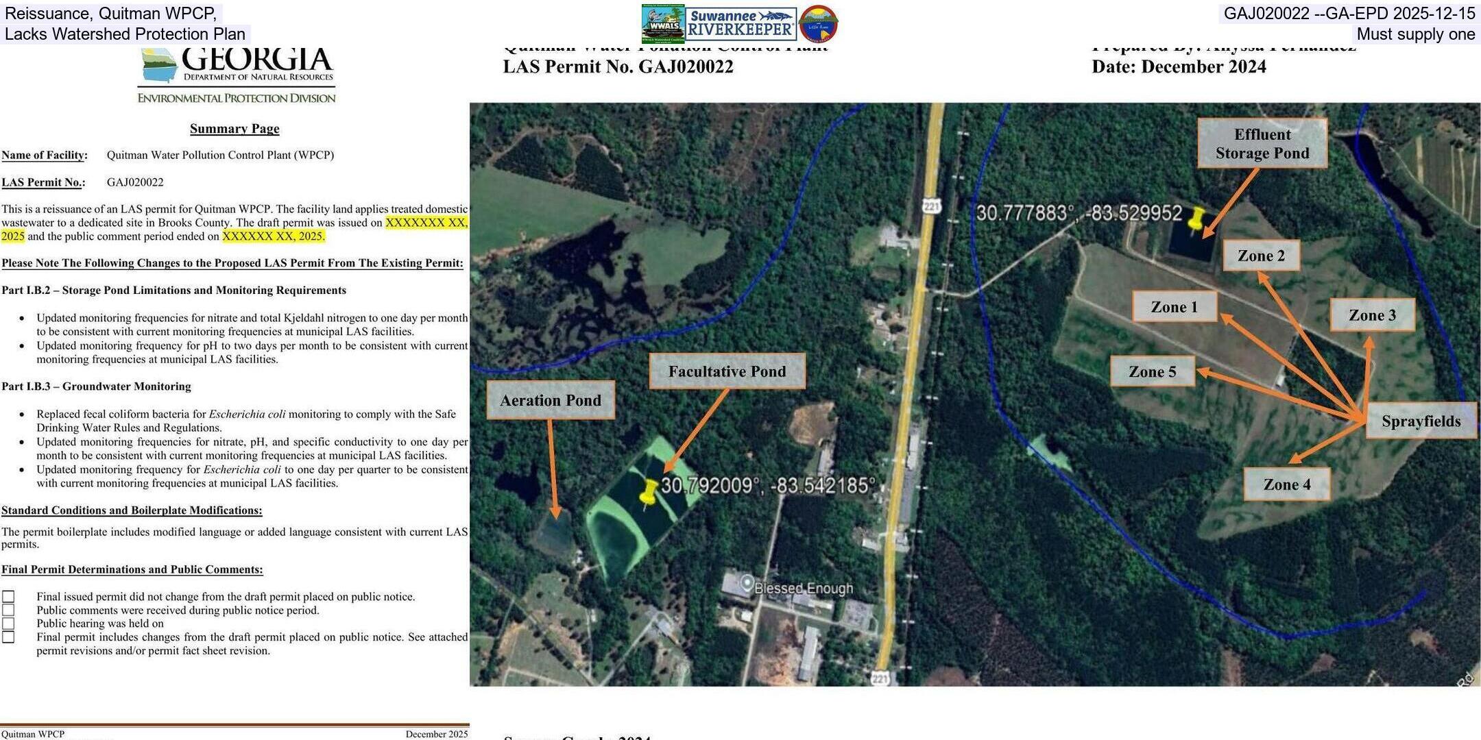 Reissuance, Quitman WPCP, GAJ020022 --GA-EPD 2025-12-15, Lacks Watershed Protection Plan, Must supply one