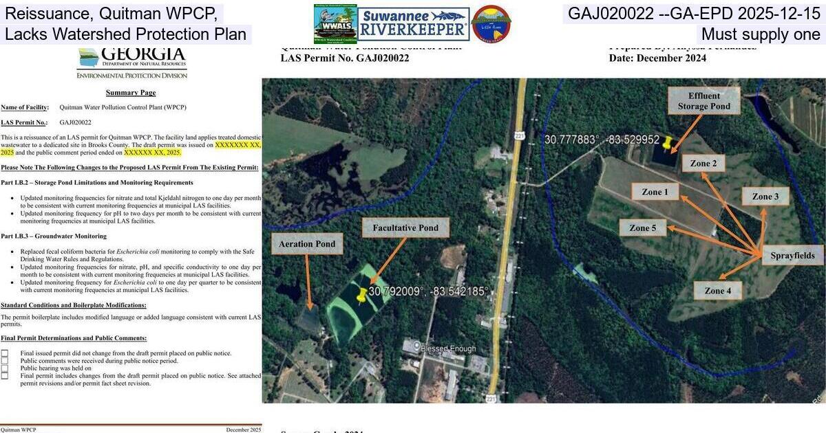 Reissuance, Quitman WPCP, GAJ020022 --GA-EPD 2025-12-15, Lacks Watershed Protection Plan, Must supply one