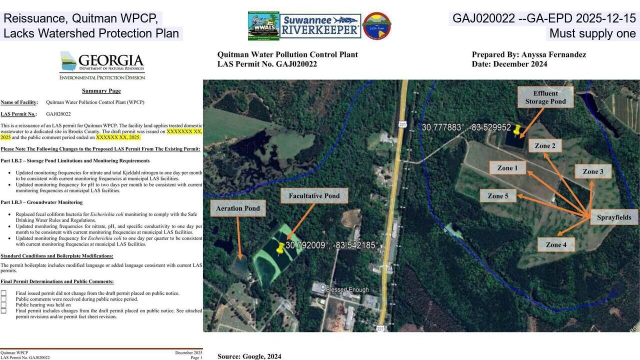 Reissuance, Quitman WPCP, GAJ020022 --GA-EPD 2025-12-15, Lacks Watershed Protection Plan, Must supply one