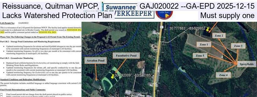 Reissuance, Quitman WPCP, GAJ020022 --GA-EPD 2025-12-15, Lacks Watershed Protection Plan, Must supply one