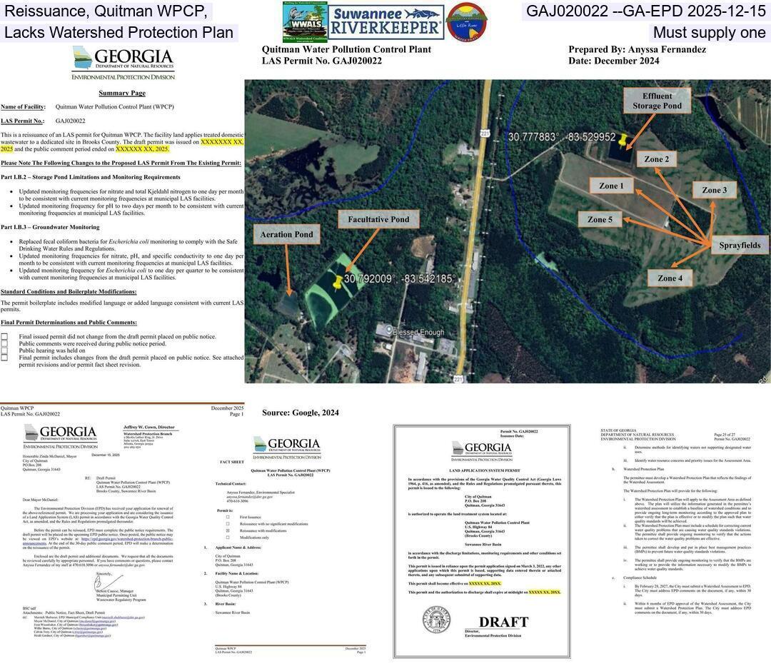 Reissuance, Quitman WPCP, GAJ020022 --GA-EPD 2025-12-15, Lacks Watershed Protection Plan, Must supply one