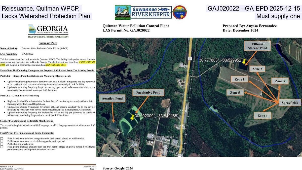 Reissuance, Quitman WPCP, GAJ020022 --GA-EPD 2025-12-15, Lacks Watershed Protection Plan, Must supply one