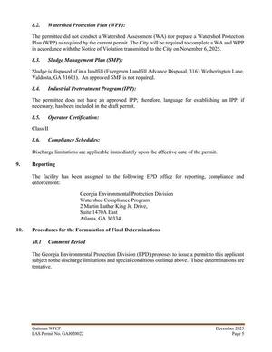 [8.2. Watershed Protection Plan (WPP): The permittee did not conduct a Watershed Assessment (WA) nor prepare a Watershed Protection Plan (WPP) as required by the current permit. The City will be required to complete a WA and WPP in accordance with the Notice of Violation transmitted to the City on November 6, 2025.]