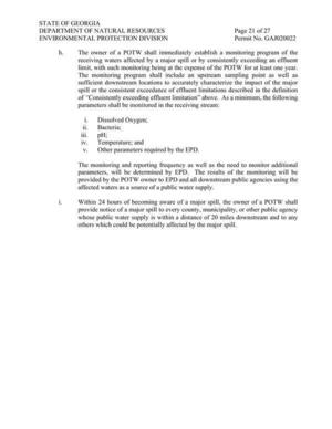 [12.h. The owner of a POTW shall immediately establish a monitoring program of the receiving waters affected by a major spill or by consistently exceeding an effluent limit, with such monitoring being at the expense of the POTW for at least one year.]