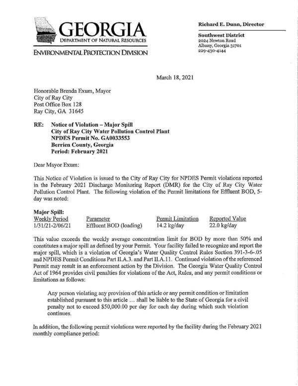 [This Notice of Violation is issued to the City of Ray City for NPDES Permit violations reported]